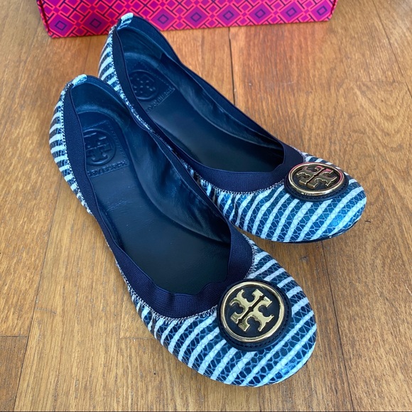 Tory Burch Striped Caroline Flats - Navy and White - Picture 2 of 5
